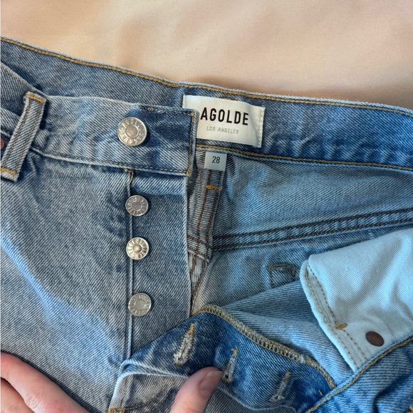 Agolde Light Blue Distressed Denim Jean Shorts - Picture 4 of 7